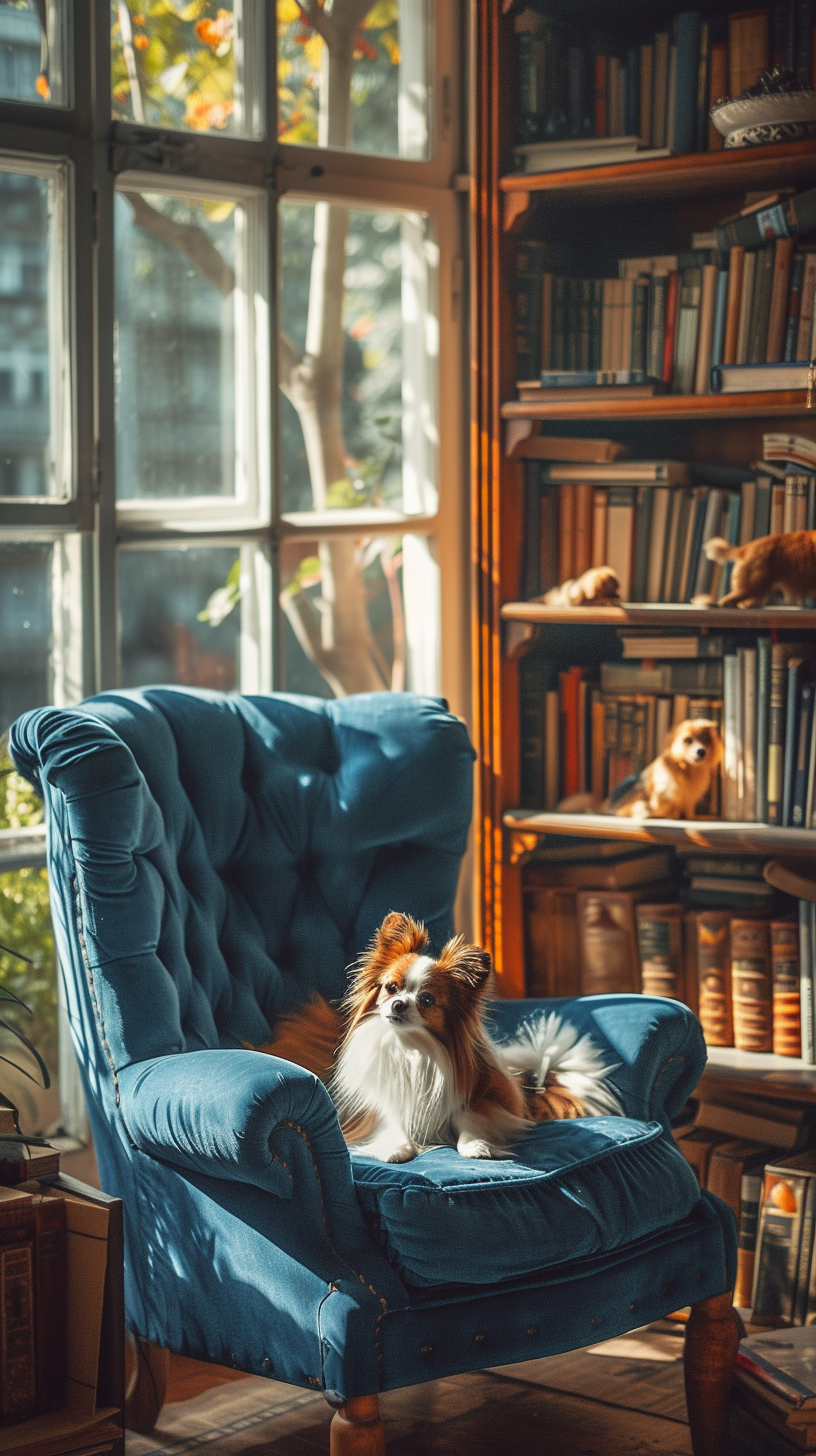 Cozy Blue Armchair with Bookcase and Dogs for Stock Photo